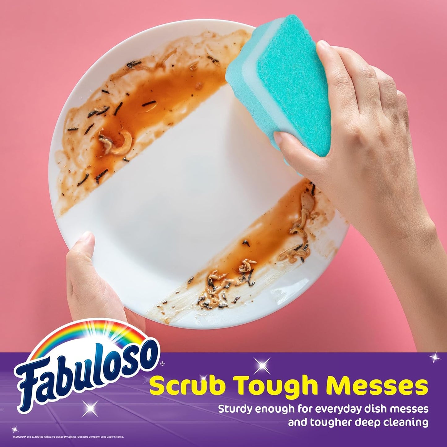 Fabuloso Scratch-Free Kitchen Dish Sponges, Purple Cellulose Scrubber Sponge with Scouring Pad for Dishes, Pots, Pans, Counters and Sinks, Tough on Messes, 4.25 x 2.75 x 1.25 in, 6 Count
