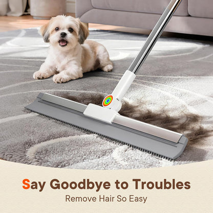 Floor Squeegee with Long Handle, 180° Rotating Silicone Broom for Concrete & Tile Floors, Squeegee for Water Removal on Garage, Bathroom and Deck, Adjustable 35–62 in Handle, 2 Pads
