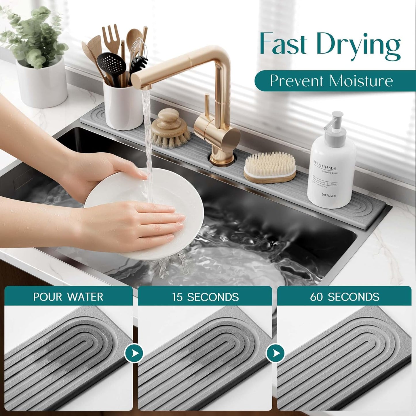 Eormoe Faucet Mat for Kitchen Sink – Diatomite Stone Drying Mat & Sink Protectors, Prevent Moisture – Sink Splash Guard Water-Absorbing Stone Tray for Bathroom Counter (Light Grey, 23.6" x 3.9")
