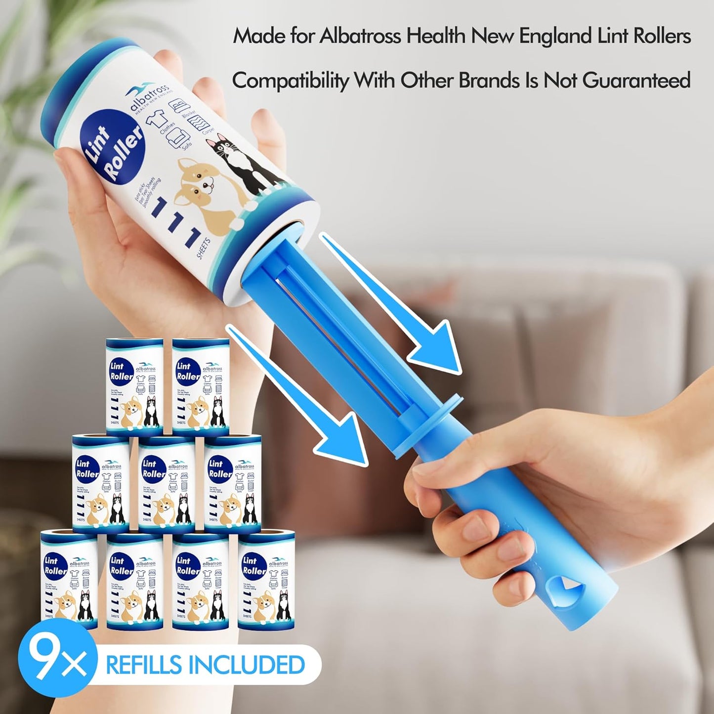 Large Lint Rollers for Carpet, 9.45'' Sticky Rollers for Floor with 360 Sheets, Extendable Long Handle Sticky Mop for Cleaning Couch, Curtains, Cars, Clothing, and Pet Hair