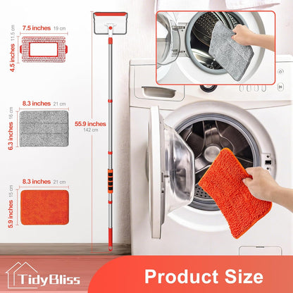 Baseboard Cleaner Tool with Handle, 55.9” Long Wall and Base Board Cleaning Mop, 4 Reusable Pads, 1 Stiff Bristle Scrubber Brush for Floorboard Ceiling Cabinet Window Bathroom Kitchen (Red)
