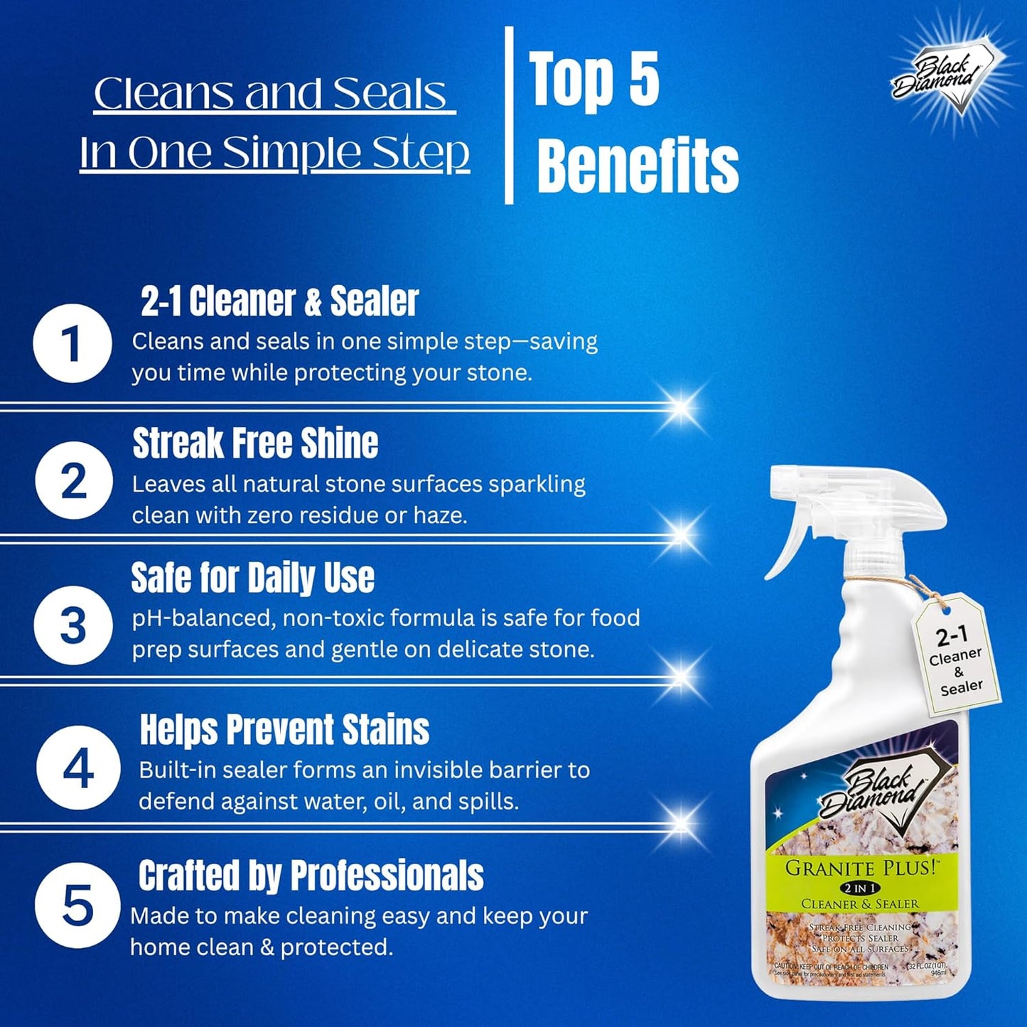 Black Diamond Stoneworks Granite Plus 2-in-1 Cleaner & Sealer, pH Neutral, Streak-Free Stone Cleaner for Granite, Marble, Quartz, Travertine & Limestone Countertops, Ready to Use (1-Gallon)