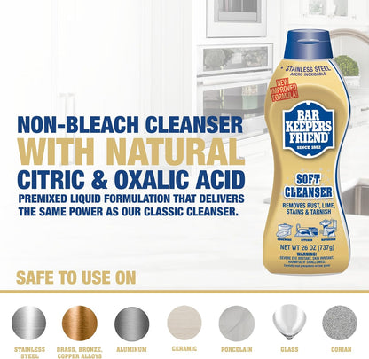 Bar Keepers Friend Soft Cleanser Liquid, 13 oz x 2, Multipurpose Surface Cleaner, Soap Scum & Grease from Stainless Steel & More