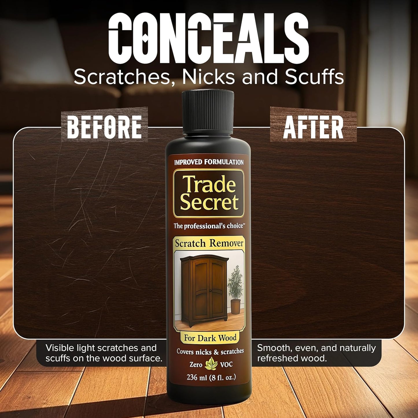 Trade Secret Scratch Concealer for Real Wood Furniture & Floors – Restores Dark Wood Scratch, Covers Nicks, Scuffs & Dogs, Cats Scratches, Marks, Minor Defects