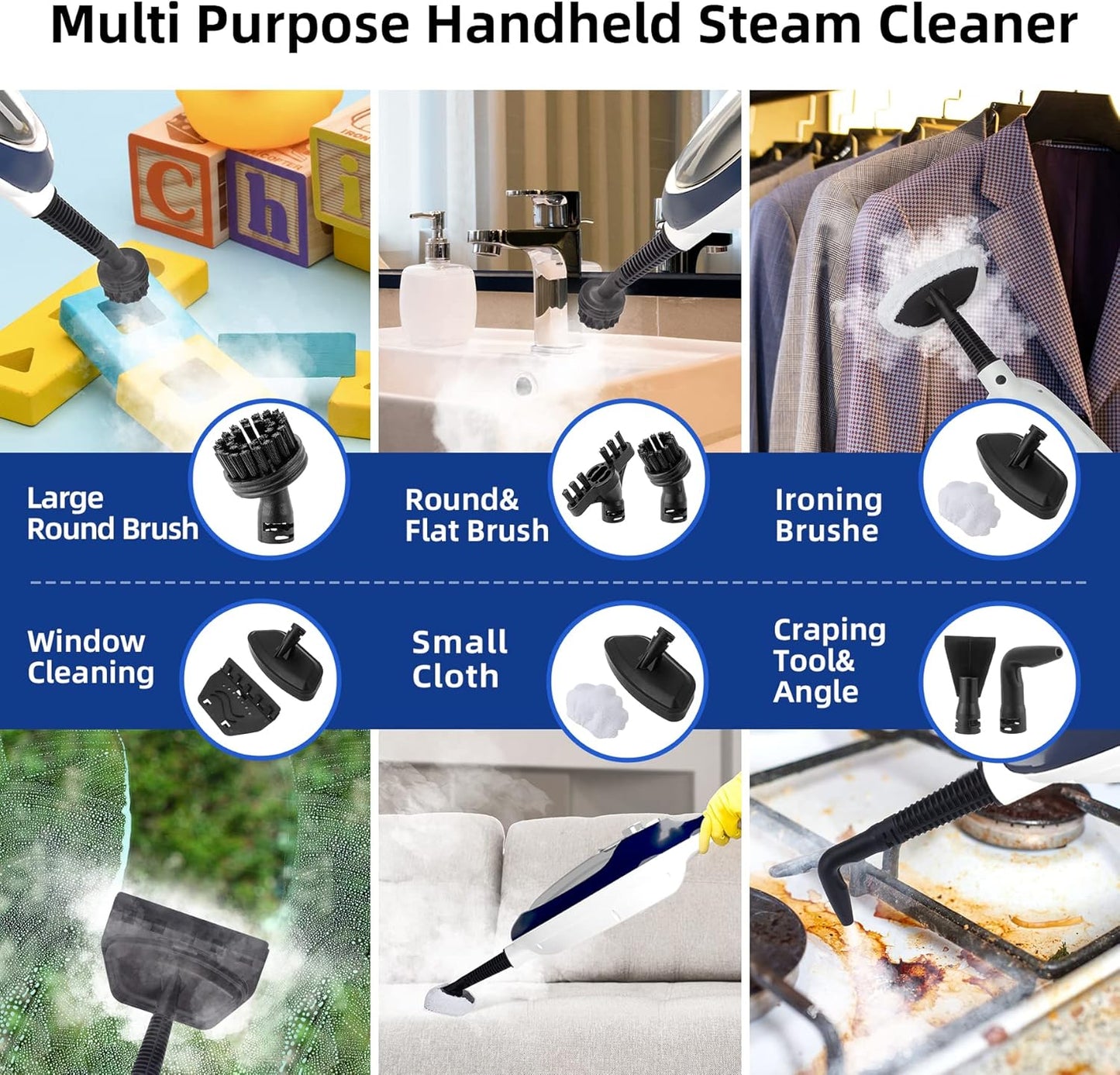 Steam Mop with Detachable Handheld Steamer All-in-one 11 Accessories, 23Ft Power Cord,3-Level Steam,Fast Heating MultiPurpose Steam Cleaner for Hard Floor, Carpets, Furniture, Windows, Clothes etc.