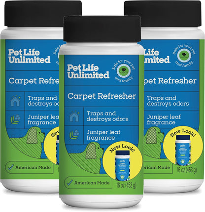 Pet Life Unlimited Carpet Deodorizer Powder, 16 oz, Strong Pet Odor Eliminator & Carpet Freshener, Plant-Based Juniper Leaf Scent, Pet Safe (Pack of 3)