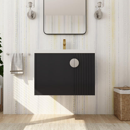 SSLine Modern 24-Inch Bathroom Vanity with Sink Wall Mounted Bathroom Vanity with Top Basin & Storage Cabinet White Wood Floating Vanity w/Ceramic Sink & Gold/Black Handles for Small Space