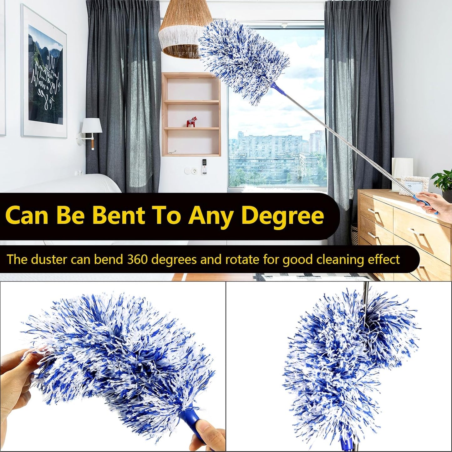 20-49inches Extendable Microfiber Feather Duster with 10pcs Replaceable Heads, Extra Long Bendable Duster for Cleaning, Electrostatic Dust Remove for Furniture, Ceiling, Window,etc (Navy Blue)