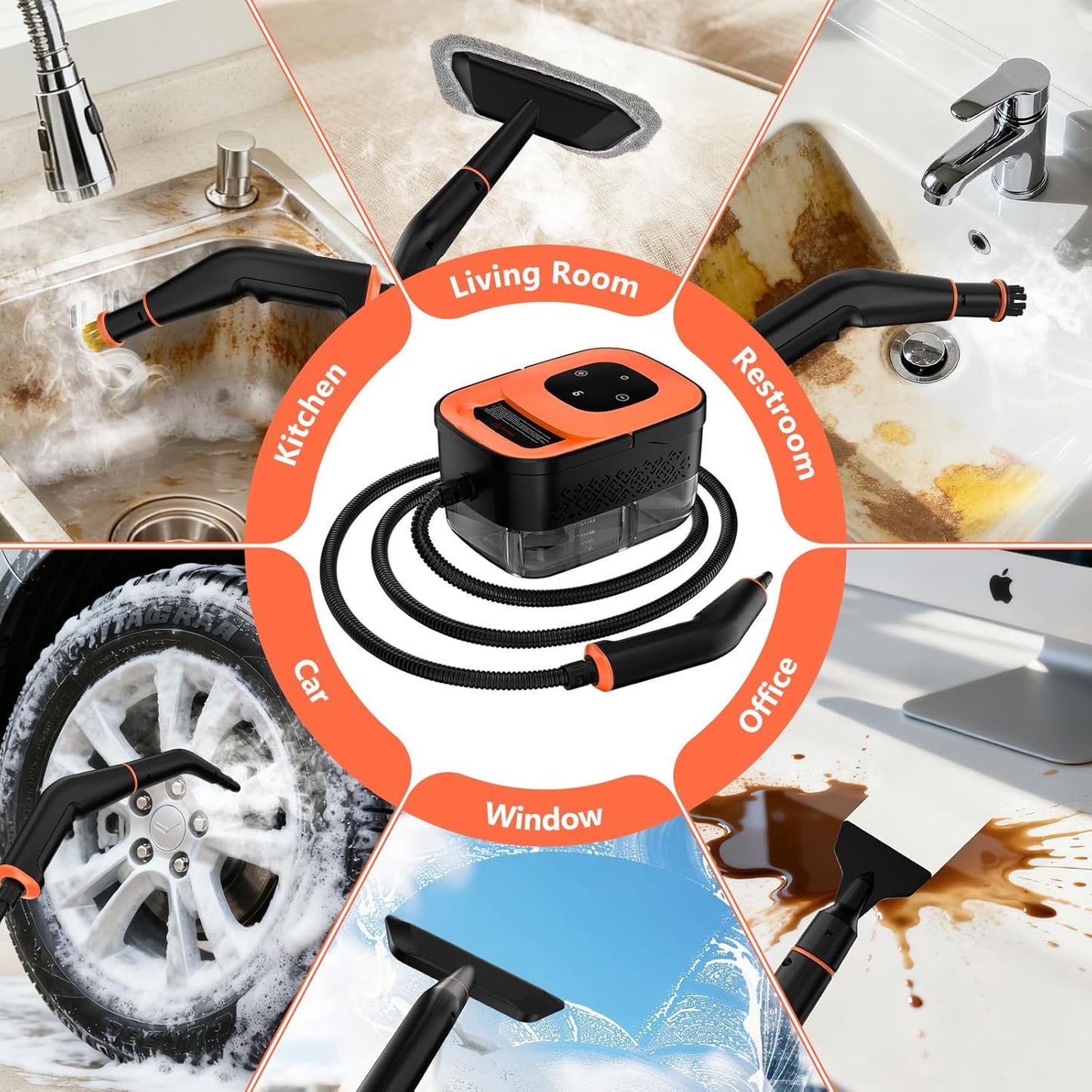 Steam Cleaner, Portable Steamer for Cleaning with 16pcs Accessories, 6-Level Adjustable and 15s Heat-Up, Handheld Steam Cleaner for Home, Tile, Dirt, Grout, Grease, Car Detailing