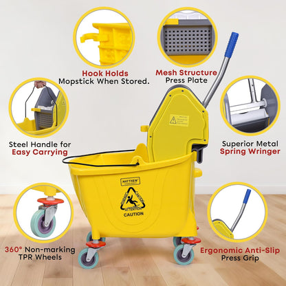 MATTHEW CLEANING 34Quarts Commercial Mop Bucket INCL.Wet String Mop with Down Press Wringer On Wheels,Industrial Heavy-Duty Floor Cleaning w/Handle, Mop Bucket for Home,Offices,Commercial, Restaurants