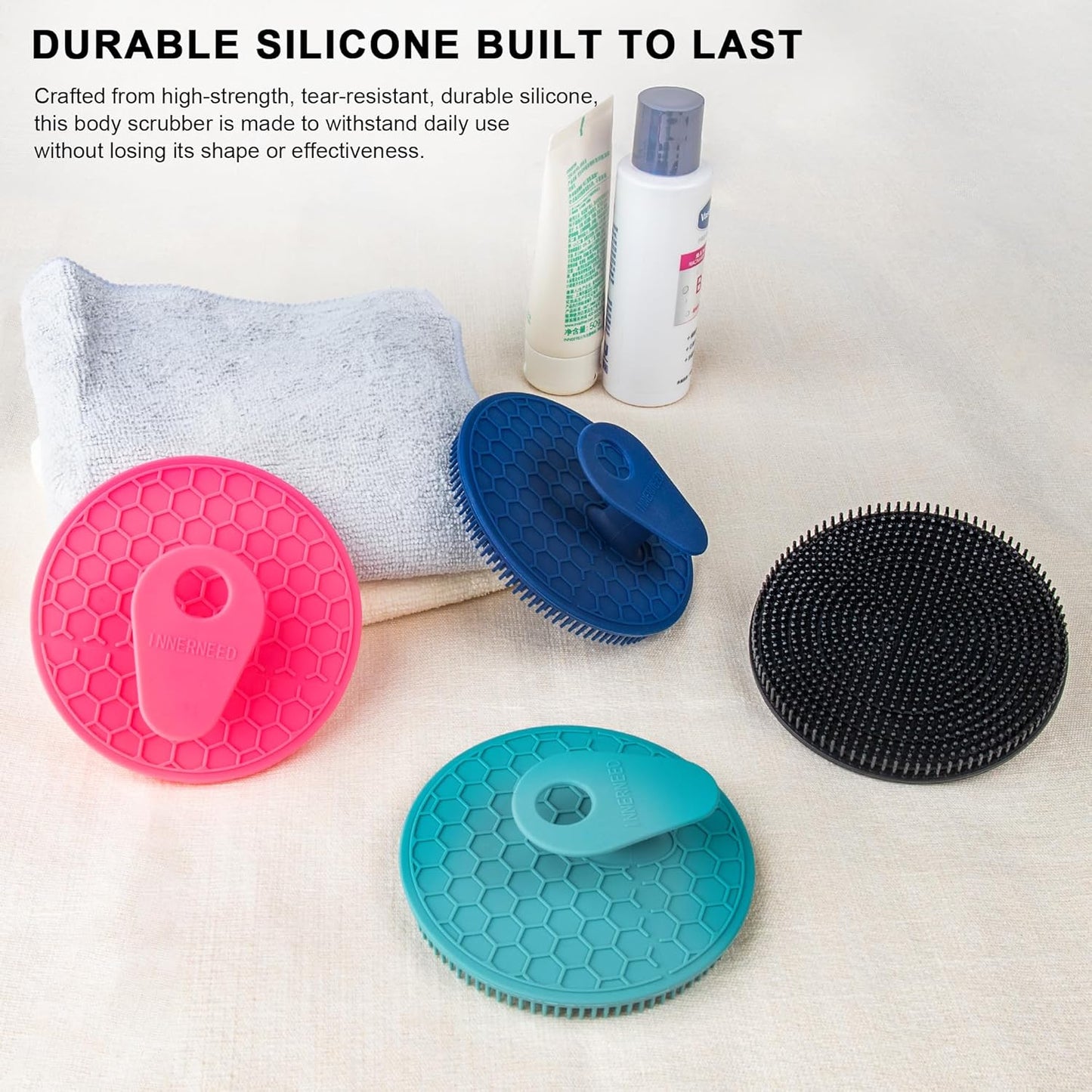 INNERNEED Food-Grade Soft Silicone Body Scrubber Shower Brush Handheld Cleansing Skin Brush, Gentle Exfoliating and Lather Well (Black)