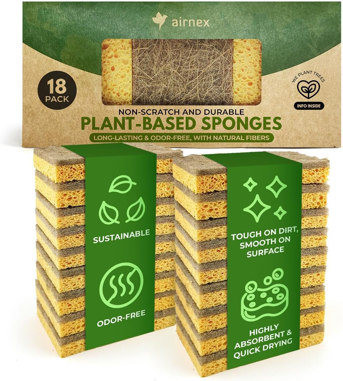 AIRNEX Biodegradable Natural Kitchen Sponges Pack of 6 - Cellulose and Coconut Walnut Scrubber Sponge - Eco Friendly Sponges for Dishes
