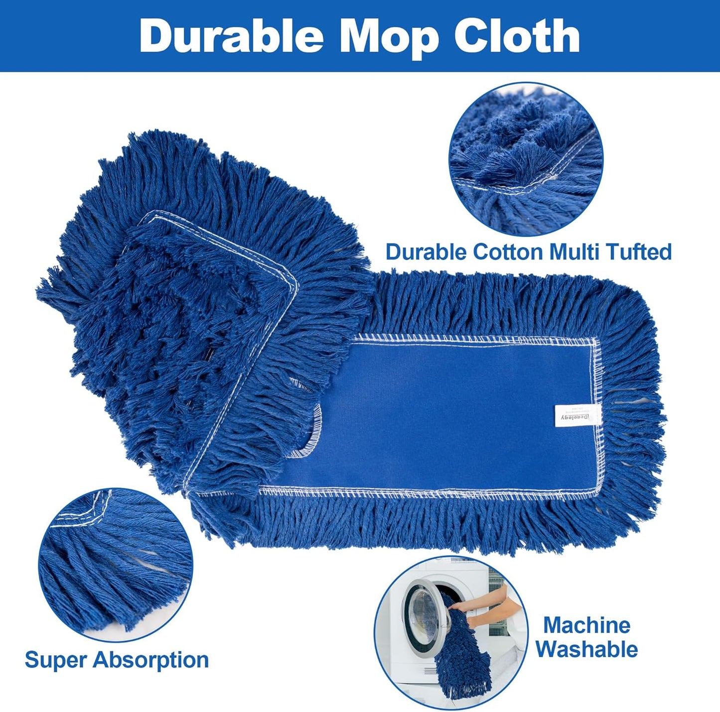 iDeaology 4 Pack - 24-Inch Washable Dust Mop Heads – Full Cloth, Extra Durable, Easy Button - No Clinging to Hair or Fur, Easy to Use Replacement for Commercial and Home Cleaning