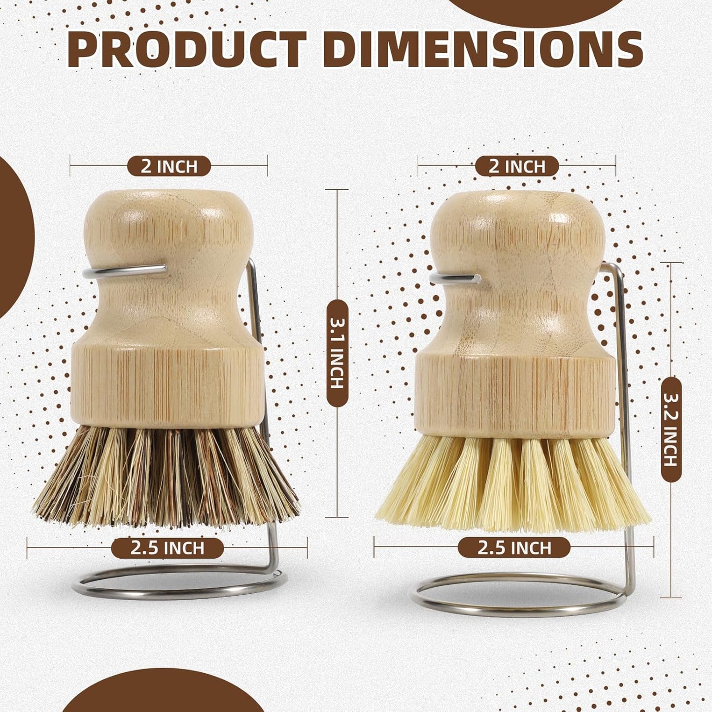 SAMEBUTECO 6-Piece Bamboo Dish Brush Set with Fast-Dry Stainless Steel Holder,3xNatural Sisal Bristle Brush & 1xPalm Bristle Kitchen Cleaning Brushes for Dishes, Pots, Pans & Sink