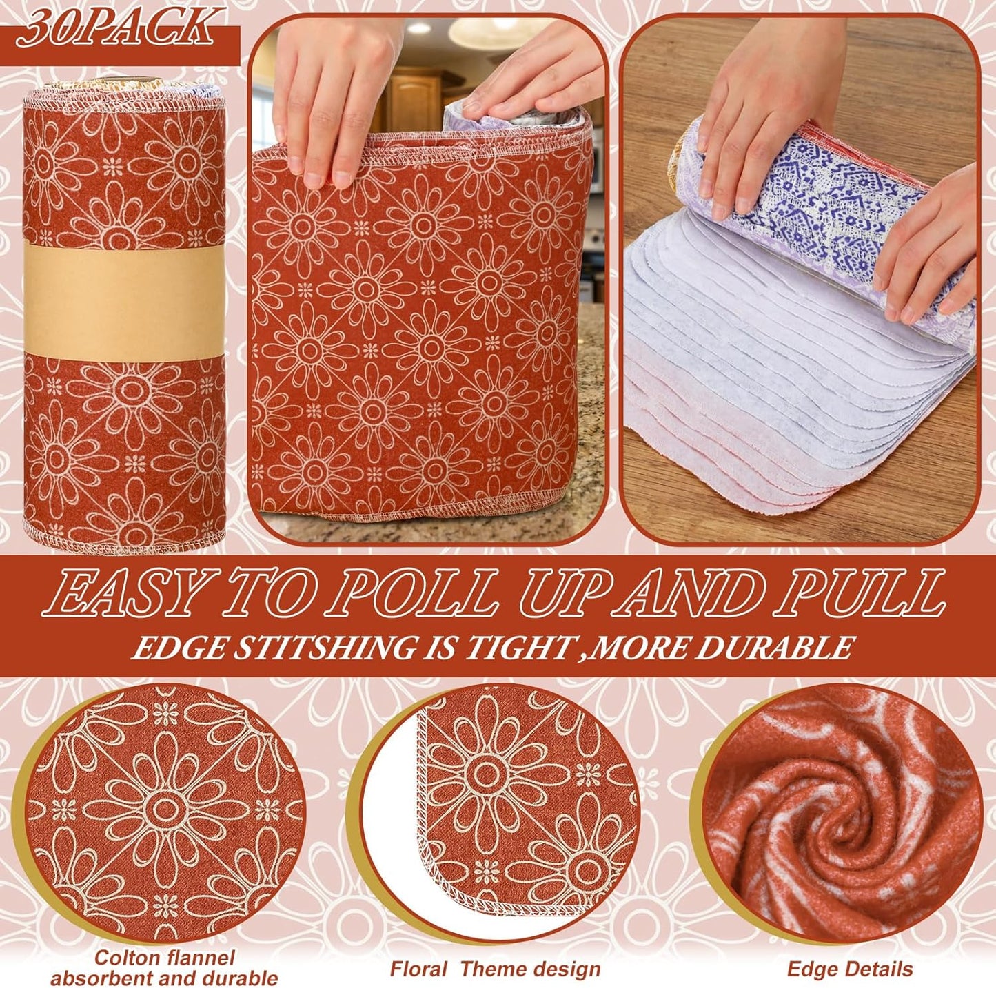Redbaker 30 Pcs Reusable Paper Towels Rolls Kitchen Towels Bulk Washable Paperless Cloth Cotton Hand Napkins with Cardboard Reusable Napkins for Kitchen Bathroom(Floral,10 x 12 in)