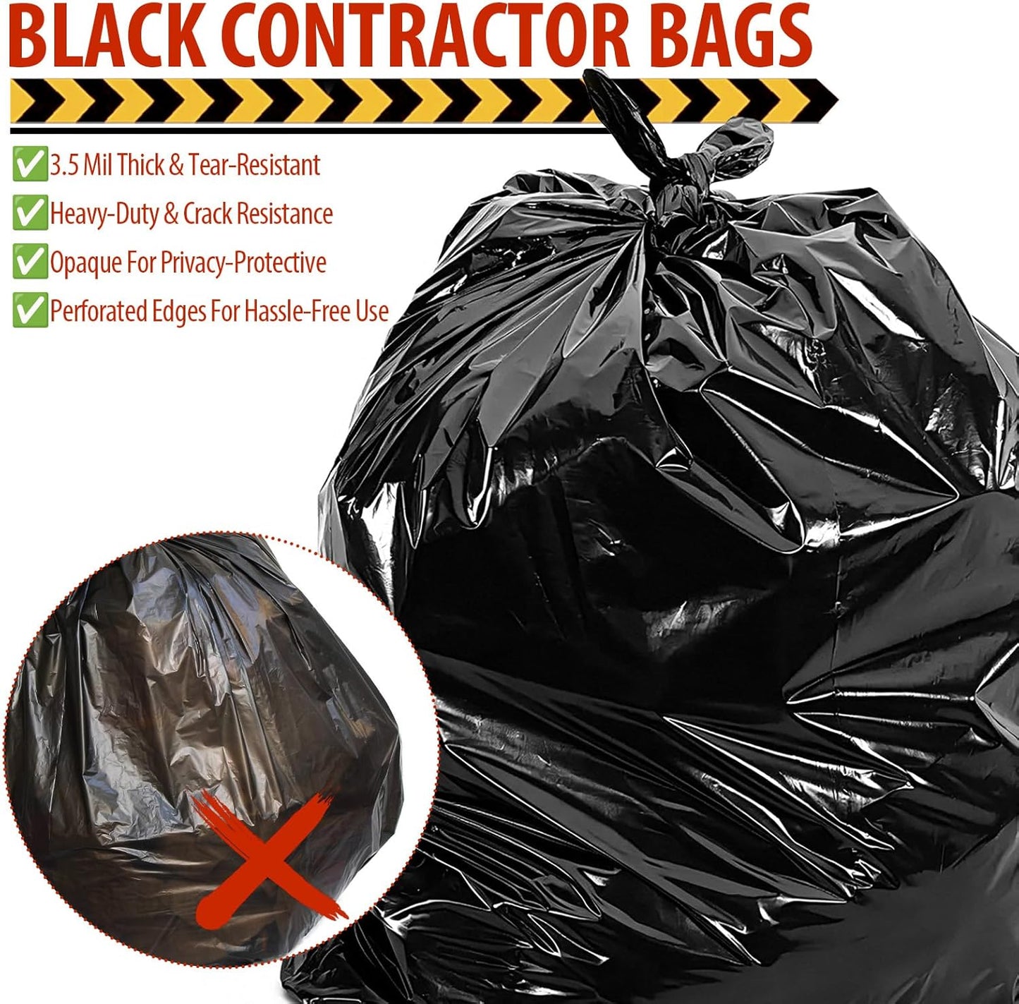 42 Gallon Contractor Garbage Bags - 3.5 MIL Thick Heavy Duty Trash Bags - 33" X 48" Large Black Bag for Construction, Commerical, Industrial, Yard, Outdoor Use (10 Count)