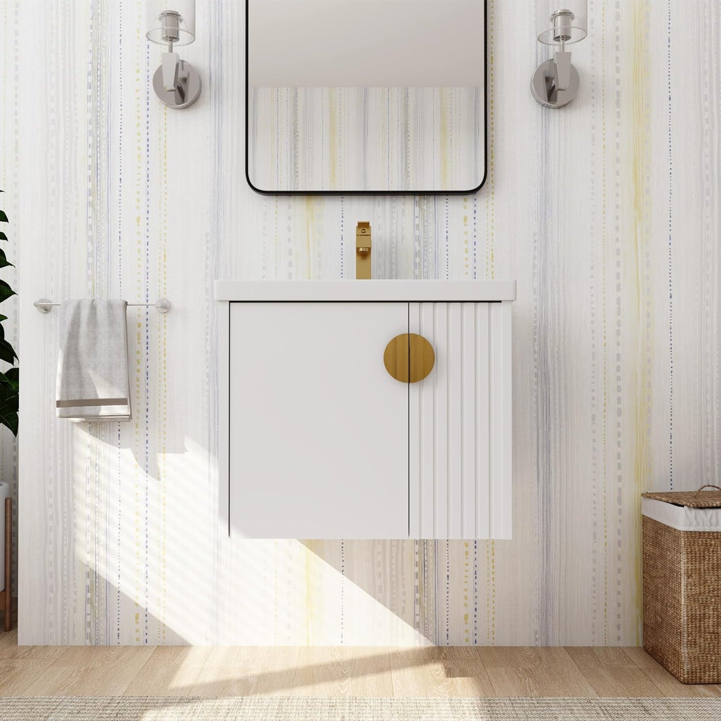 SSLine Modern 24-Inch Bathroom Vanity with Sink Wall Mounted Bathroom Vanity with Top Basin & Storage Cabinet White Wood Floating Vanity w/Ceramic Sink & Gold/Black Handles for Small Space