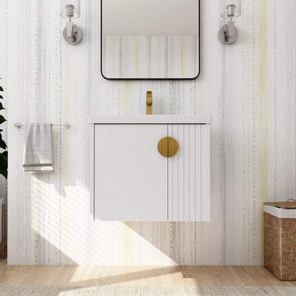 SSLine Modern 24-Inch Bathroom Vanity with Sink Wall Mounted Bathroom Vanity with Top Basin & Storage Cabinet White Wood Floating Vanity w/Ceramic Sink & Gold/Black Handles for Small Space