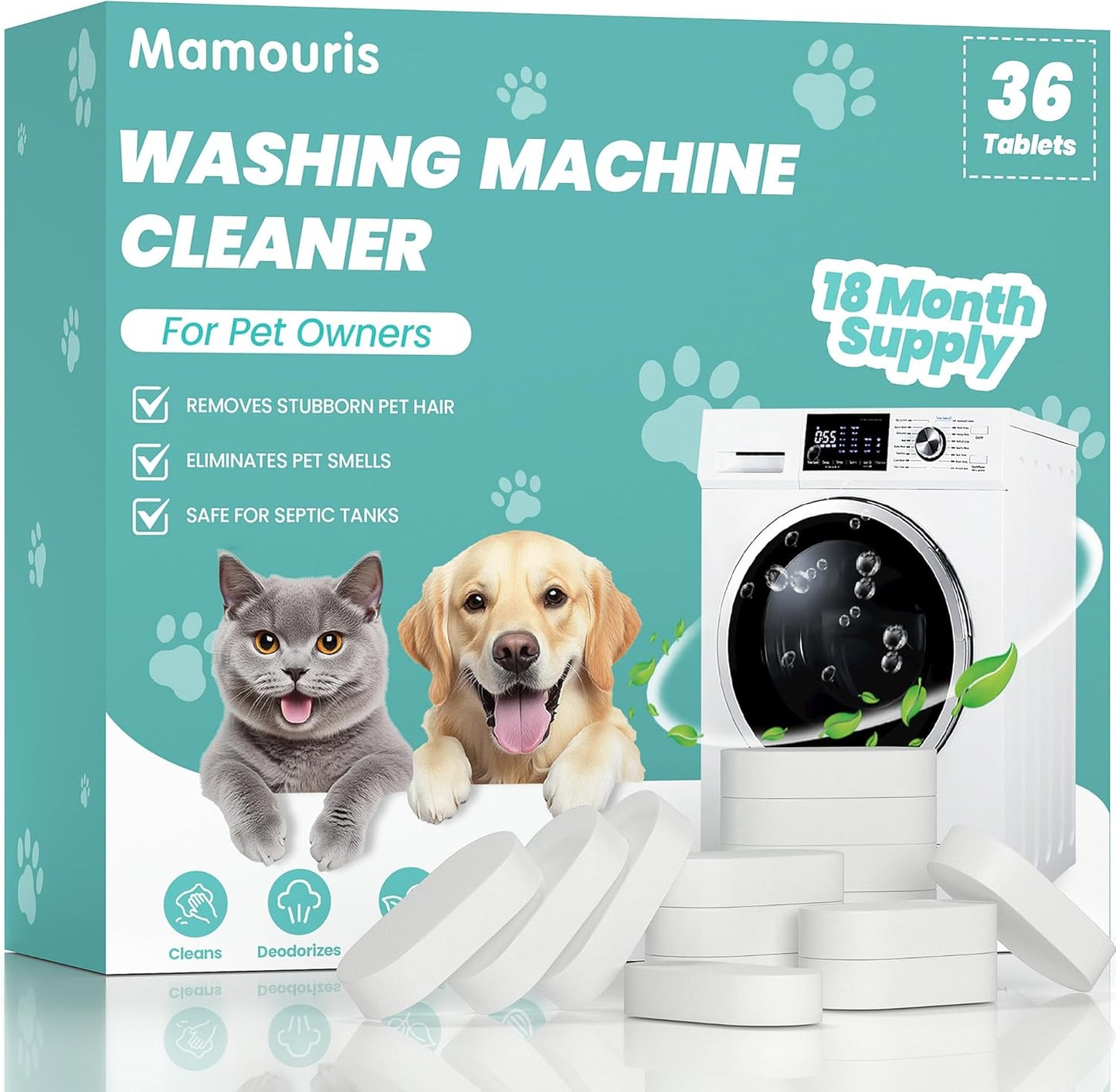 Washing Machine Cleaner Tablets: 24 Pack Deep Cleaning For HE, Front Loader & Top Load Washer, Removes Pet Hair, Odors, Formulated for Pet Owners, Septic Safe, 12 Month Supply, 11G