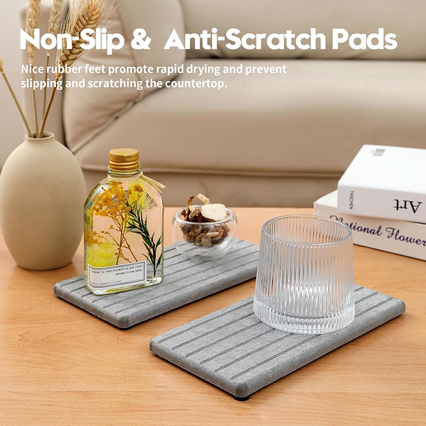 2PCS Water Absorbing Stone Drying Tray Mat for Bathroom Sink & Kitchen Counter Faucet Organizer, Quick Dry Dish Rack Soap Dispenser Sponge Holder, Vanity Sink Caddy Bar Coaster, Ivory White 8“x 4”