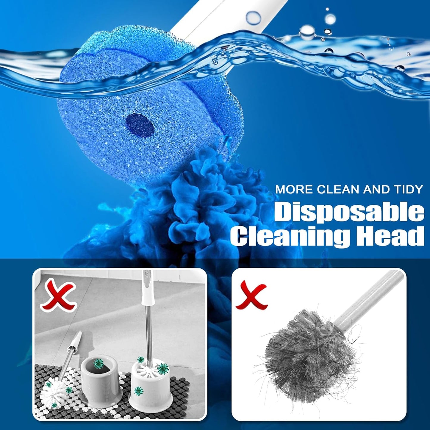 JEHONN Disposable Toilet Brush with 48 Wand Cleaner Refills, Wall Mounted Toilet Bowl Brush Holder Set, Bathroom Cleaning System for Sink Bathtub Wash Basin (Blue)