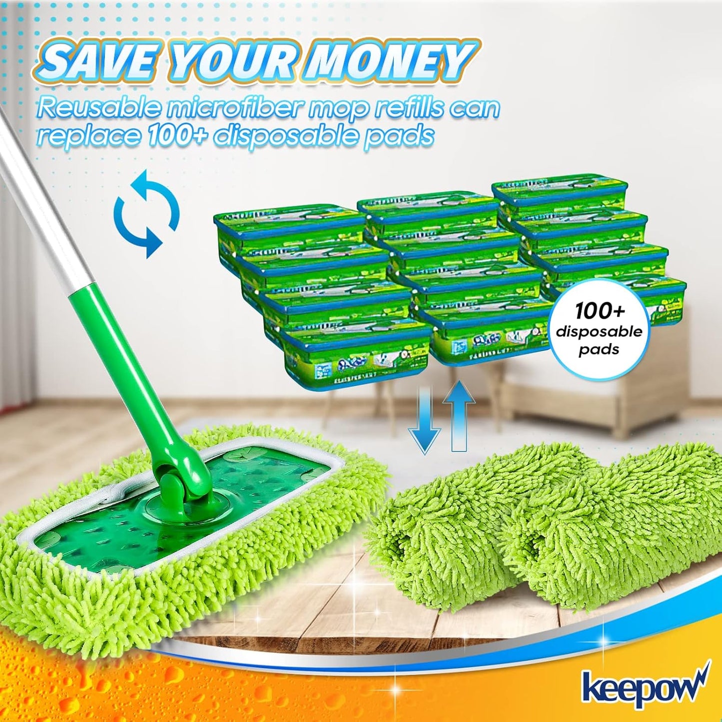 KEEPOW Reusable Microfiber Mop Pads Compatible with Swiffer Sweeper, Dry Sweeping Cloths, Washable Wet Mopping Cloth Refills for Hardwood Floor Cleaning, 6 Pack