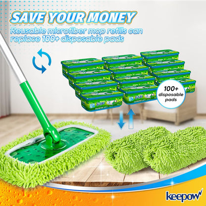 KEEPOW Reusable Microfiber Mop Pads Compatible with Swiffer Sweeper, Dry Sweeping Cloths, Washable Wet Mopping Cloth Refills for Hardwood Floor Cleaning, 6 Pack