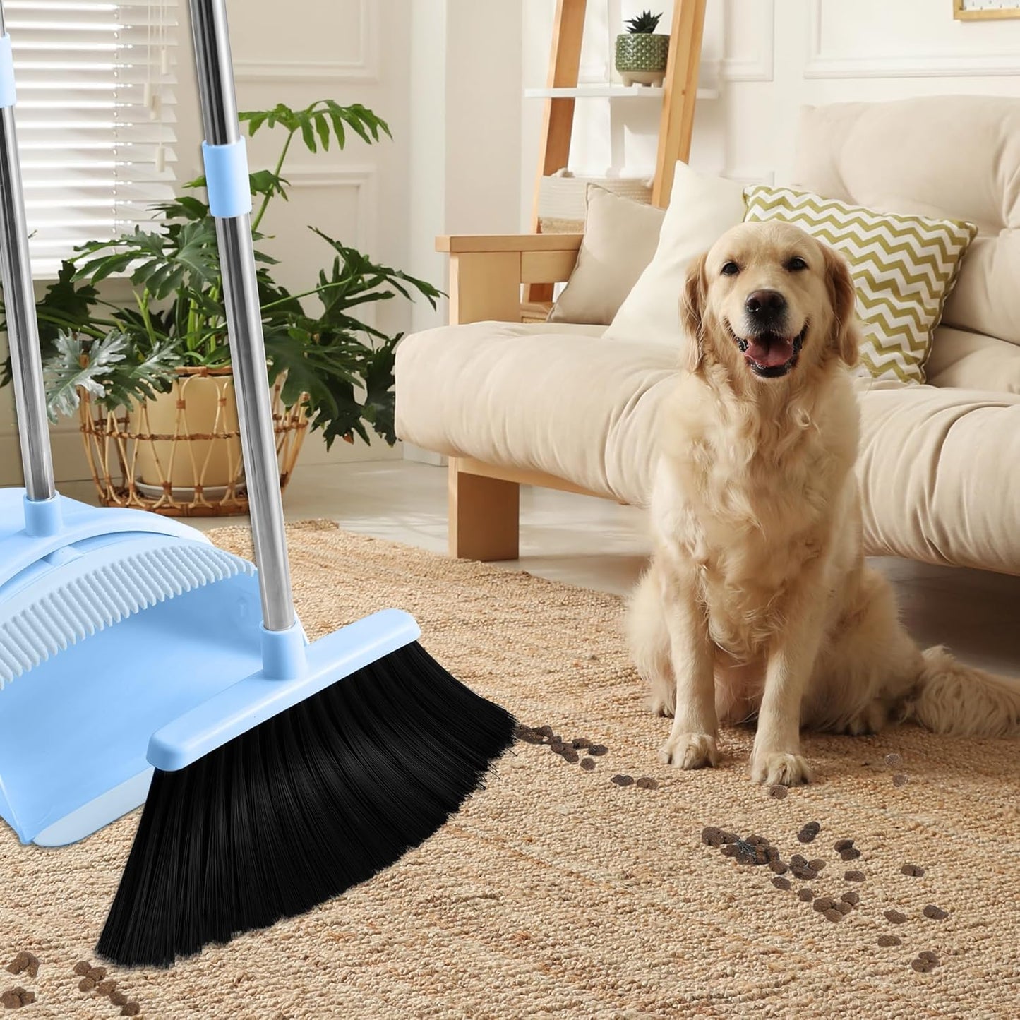 BSKLIN Broom and Dustpan Set, 52” Long Adjustable Handle Broom with Dustpan Combo Set with Dust Pan Teeth to Clean Hair for Home Lobby Office (Pink)