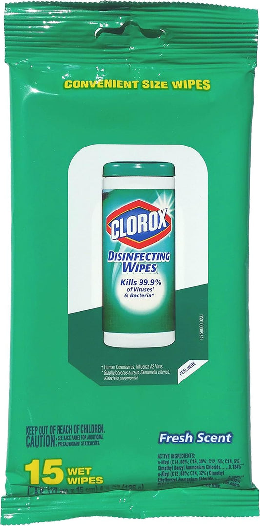 Clorox Cleaning Wipes - 90 Count - Resealable Package - Fresh Scent, 15 Count (Pack of 6)
