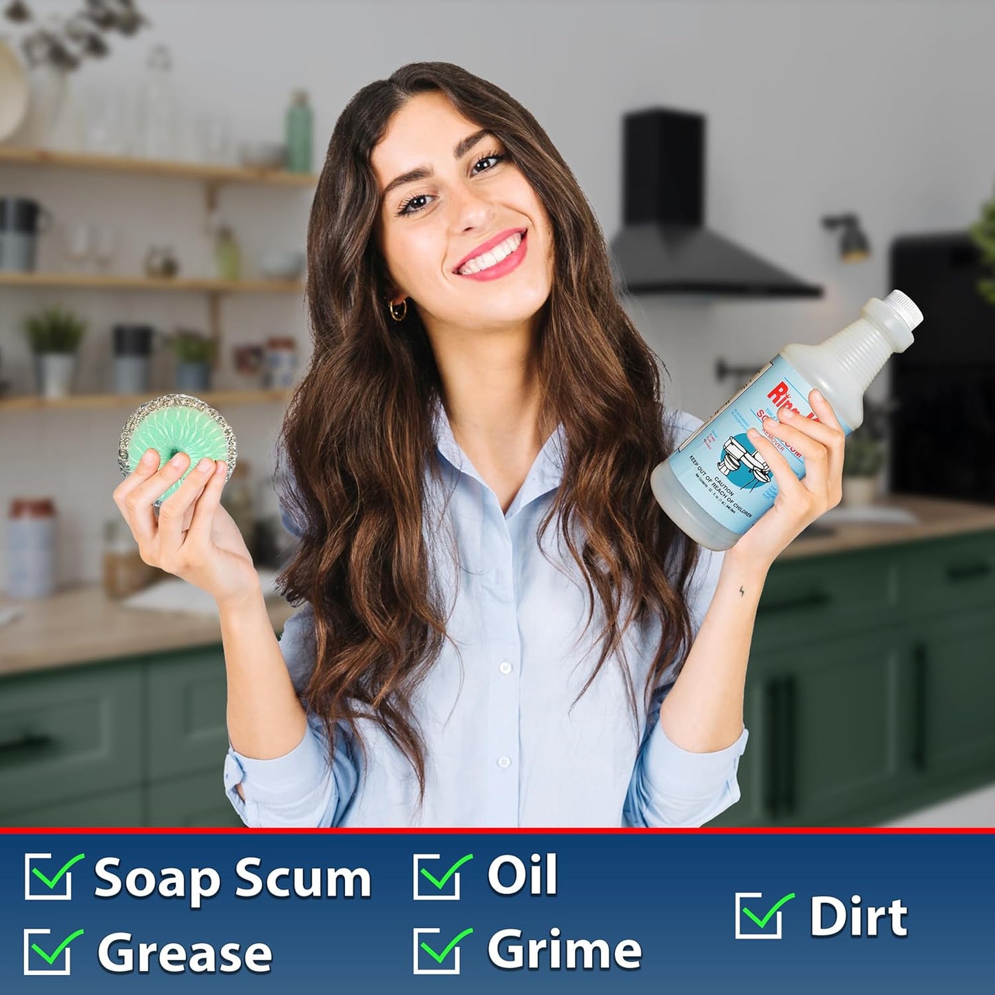 Amazon Brand| 32 oz Ring King Soap Scum Remover For Shower with 304 Stainless-Steel Scrubbing Pad Sponges Applicator| Fast-acting Multi-Surface Bathroom Cleaner| Cleans Soap Scum, Grease