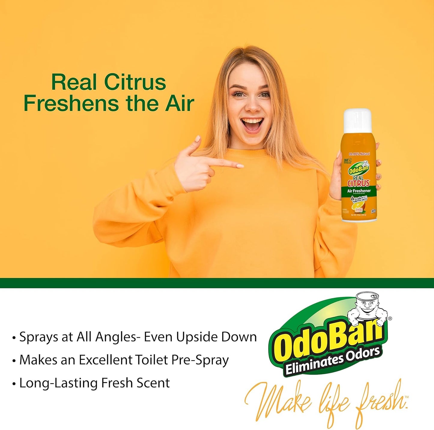 OdoBan Aroma Eliminator, 360-Degree Continuous Spray Natural Oil Real Citrus Air Freshener, Toilet Spray, 2-Pack, 10 Ounces Each, Orange Scent