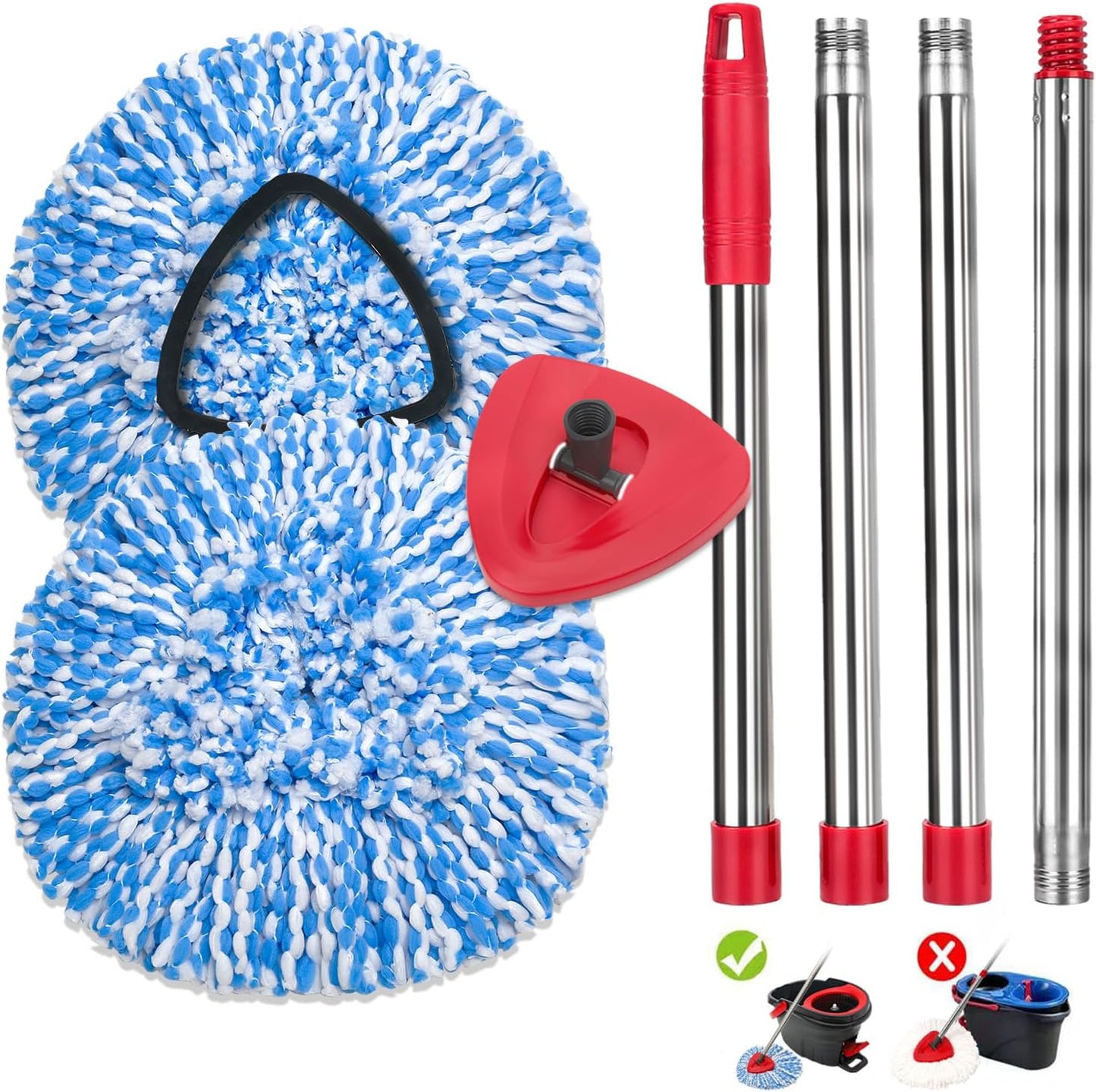 4 Pack Spin Mop Replacement Heads Compatible for O Ceda EasyWring 1-Tank Triangle System, Microfiber Mop Refills for 5.9inch Core,Deep Cleaning, Included Base and Handle