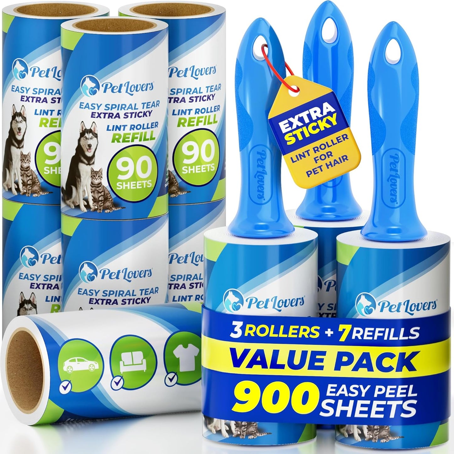 PetLovers Extra Sticky Lint Roller Mega Value Set 450 Sheets for Pet Hair Removal and Clothes, Dog and Cat Lint Remover 5 Pack