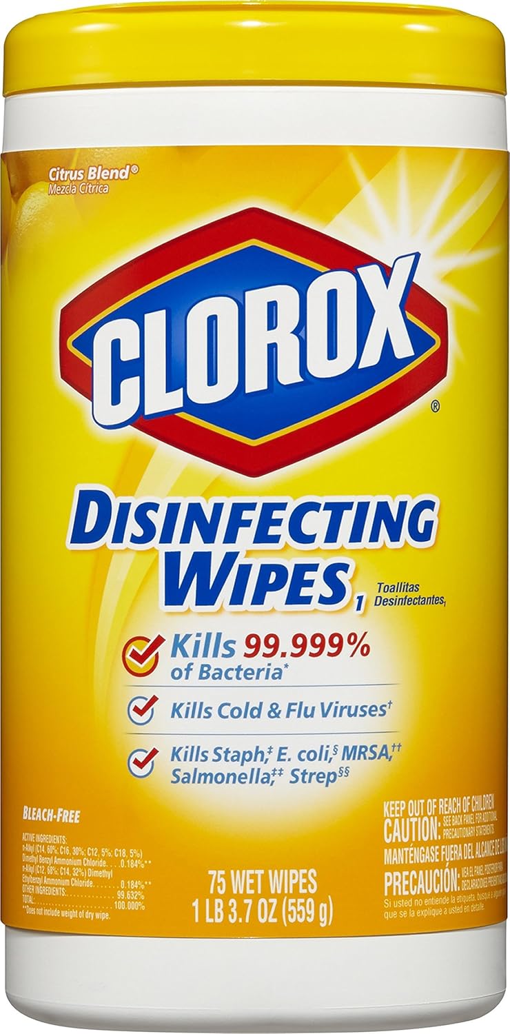 Clorox Disinfecting Cleaning Wipes, Bleach Free, Crisp Lemon, 75 Count, Pack of 6 (Pack May Vary)