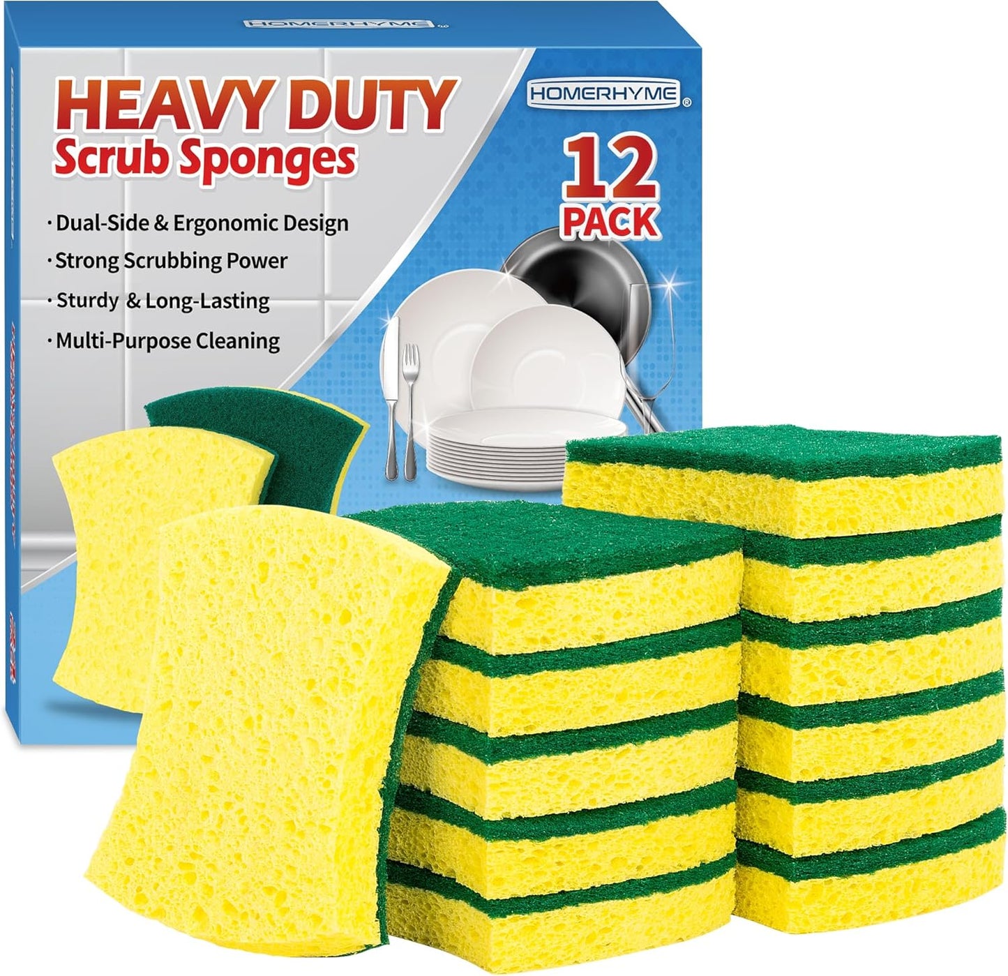 Non-Scratch Cellulose Scrub Sponges 12 Pack, Sponges Kitchen with Double-Side & Ergonomic Design for Dishes, Coated Cookware, Sink & Countertops.
