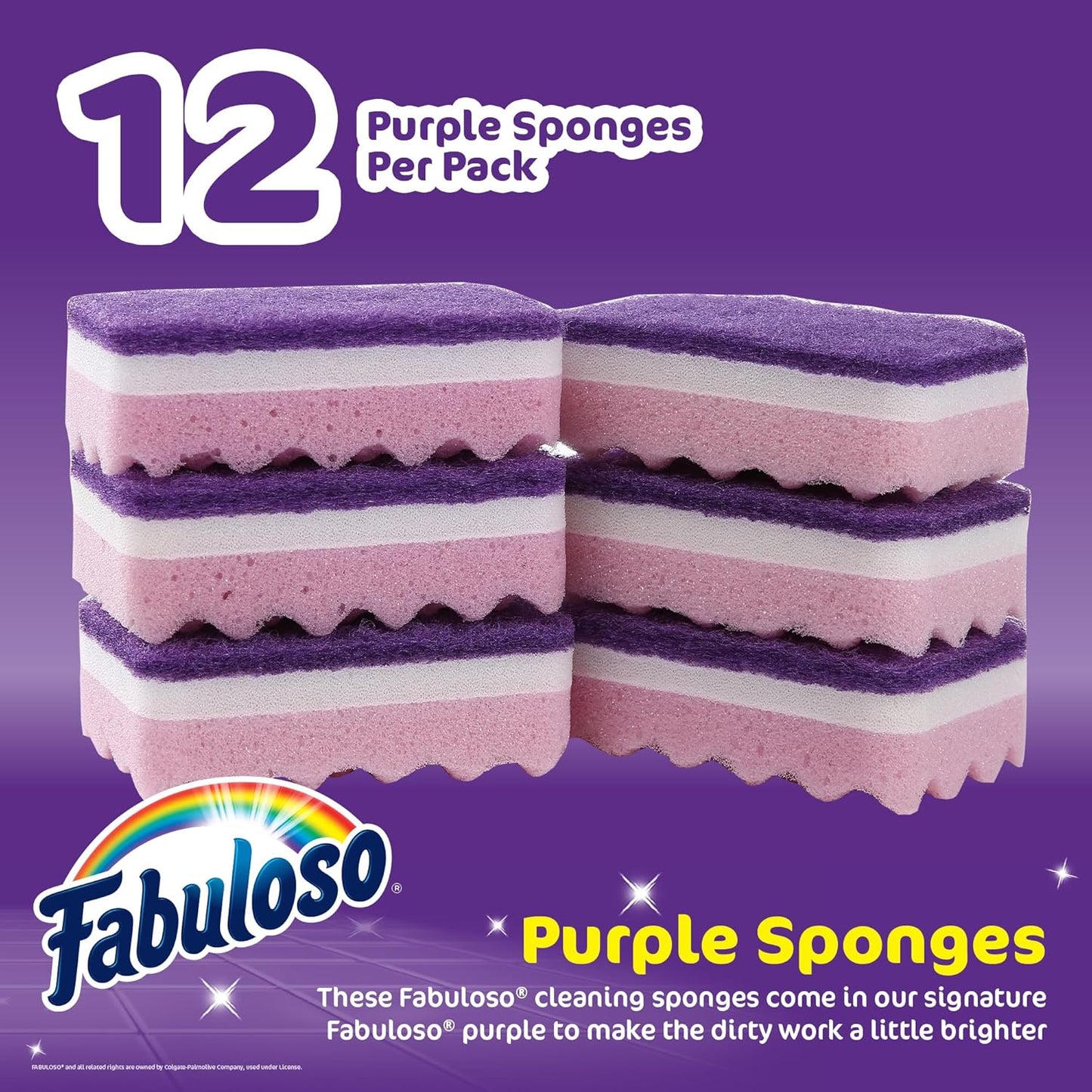 Fabuloso Scratch-Free Kitchen Dish Sponges, Purple Cellulose Scrubber Sponge with Scouring Pad for Dishes, Pots, Pans, Counters and Sinks, Tough on Messes, 4.25 x 2.75 x 1.25 in, 6 Count