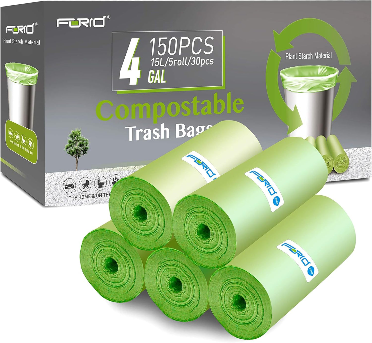 Compostable Trash Bags - FORID 13 Gallon Tall Kitchen Garbage Bags 80 Count Unscented Trash Can Liners 55 Liter Medium Wastebasket Bags for Bathroom Home Bedroom Office Garbage Can (5Rolls/Green)