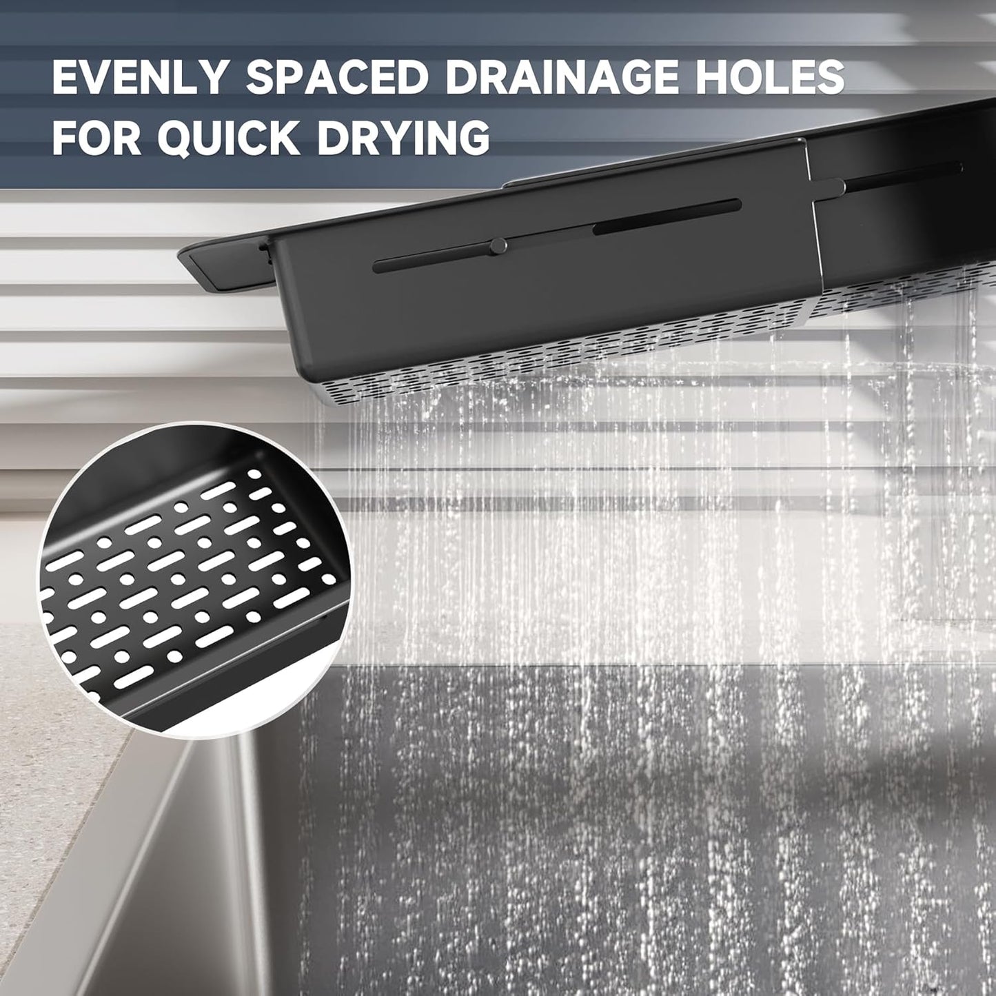NiHome Extendable Over Sink Kitchen Organizer, Small Telescopic Brush Storage Rack for Sponge, Non-Slip Pads Expandable Sink Caddy, Adjustable Sponge/Brush Rack with Drainage Durable ABS (Black)