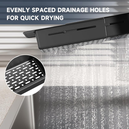 NiHome Extendable Over Sink Kitchen Organizer, Small Telescopic Brush Storage Rack for Sponge, Non-Slip Pads Expandable Sink Caddy, Adjustable Sponge/Brush Rack with Drainage Durable ABS (Black)