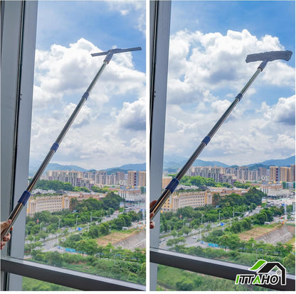 Window Washing Kit with Extension Pole, 10" Squeegee & 11" Microfiber Scrubber Combi with Stainless Steel Pole, Window Cleaner for Car, Sliding Door,Shower Glass Door-Swivel Style-2 Pads