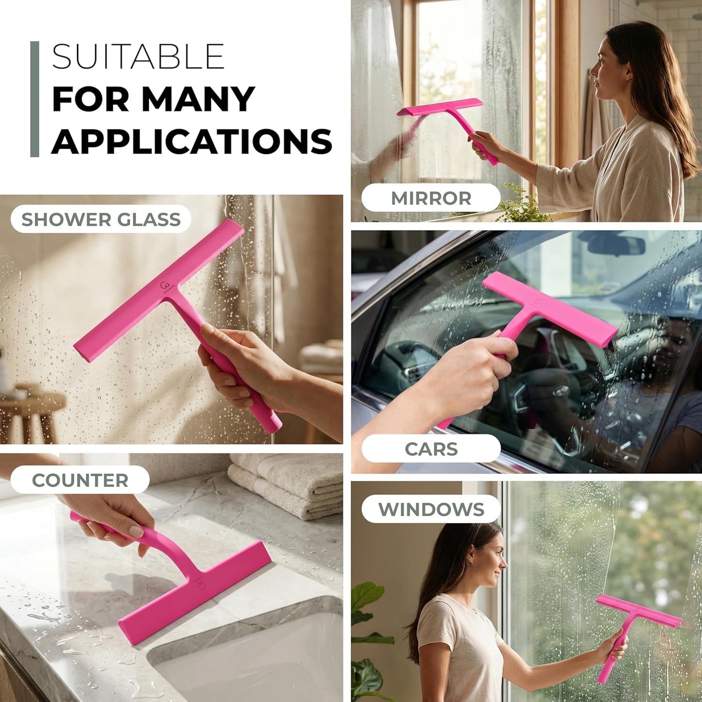 GÜTEWERK Silicone Shower Squeegee for Glass Doors & Mirrors with Stainless Steel Core, Streak-Free & No-Squeak Window Cleaning, 3-in-1 No-Drill Mount (Hook/Suction/Adhesive), Black, 9''