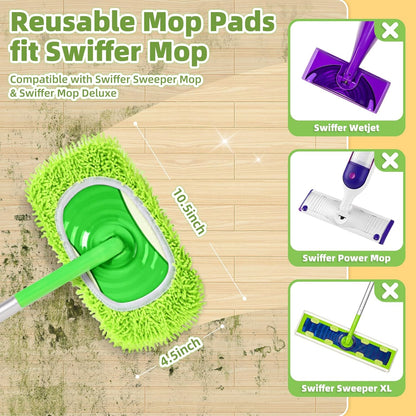 Reusable Mop Pads Compatible with Swiffer Sweeper Mop, Washable Wet Pads Refill & Chenille Dry Sweeping Cloths, Microfiber Mop Pads for Use on All Sealed Floors - Wood, Laminate, Stone & Tile (6 Blue)