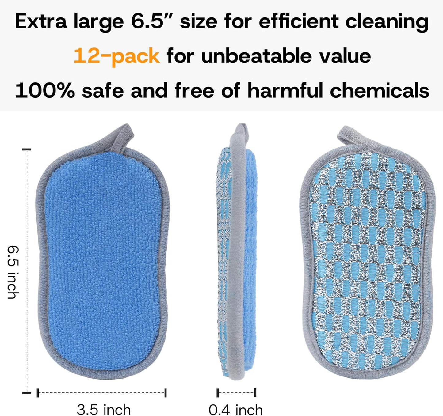Multi-Purpose Scrub Kitchen Sponges – 12 Pack Dish Sponge, Dual-Sided Non-Scratch Microfiber & Metal Scrubber, Reusable Sponges for Dishes, Pots, Glass, Sink, Stovetop & Bathroom (Gray)