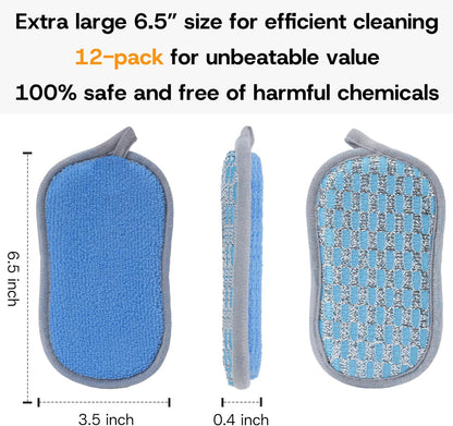 Multi-Purpose Scrub Kitchen Sponges – 12 Pack Dish Sponge, Dual-Sided Non-Scratch Microfiber & Metal Scrubber, Reusable Sponges for Dishes, Pots, Glass, Sink, Stovetop & Bathroom (Gray)