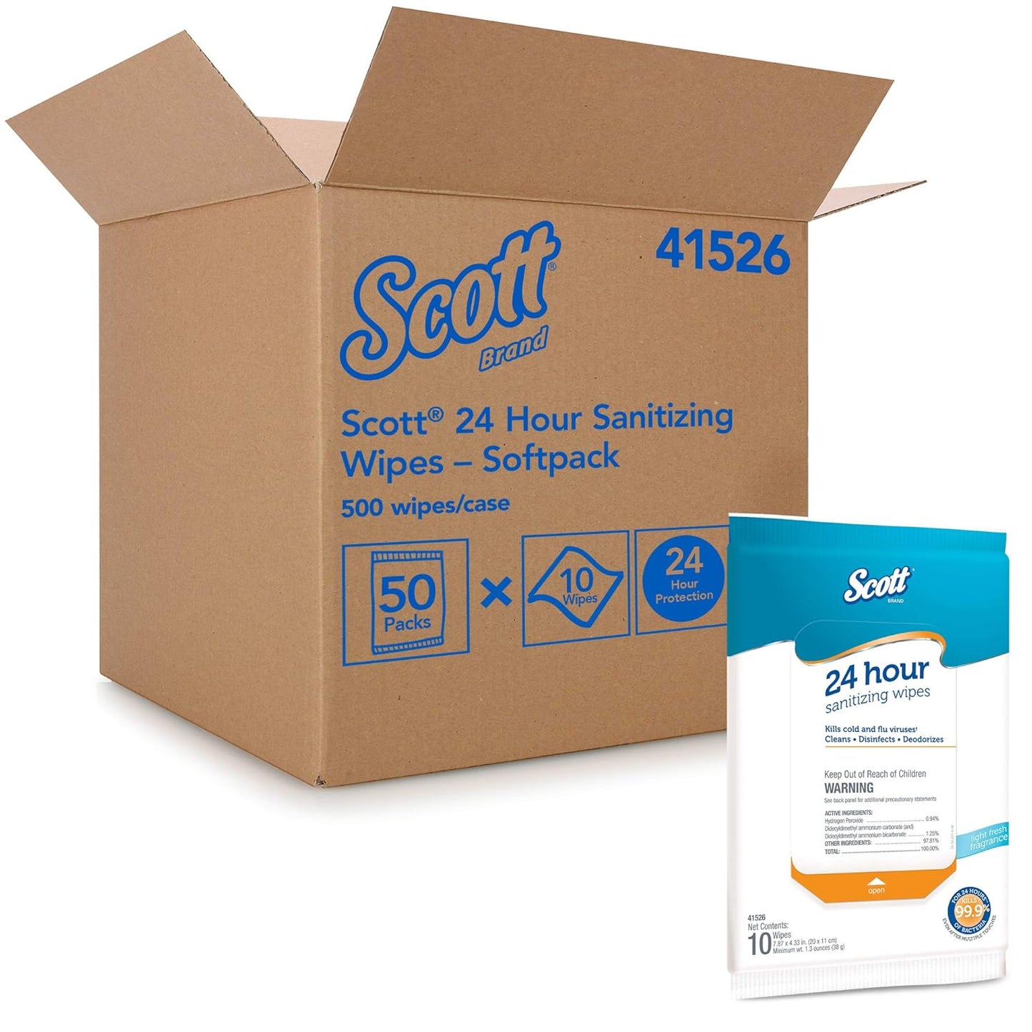 Scott 24 Hour Sanitizing Wipes – Multi-Surface Cleaning & Disinfecting, Continuous Sanitization for 24 Hours – (41526), 50 Packs x 10, 500 Wipes