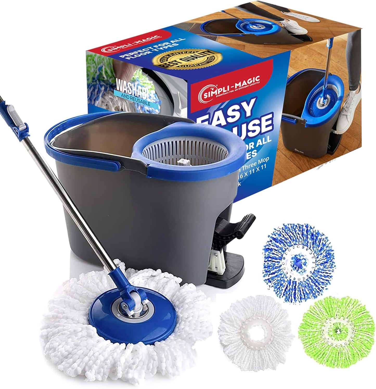 Simpli-Magic 79349 Spin Mop Cleaning System with 3 Microfiber Mop Heads, Red/GRAY,Red/Black