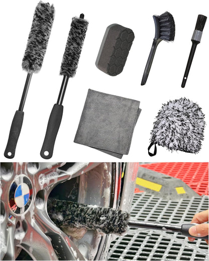 oesee Refined Long Handle Car Wheel Brush Arsenal, Soft Wheel and Rim Brush,Tire Brush, Bendable & Durable Car Wheel Rim Cleaner Brush Set for Cleaning Wheel and Tire, Large, Grey & Black