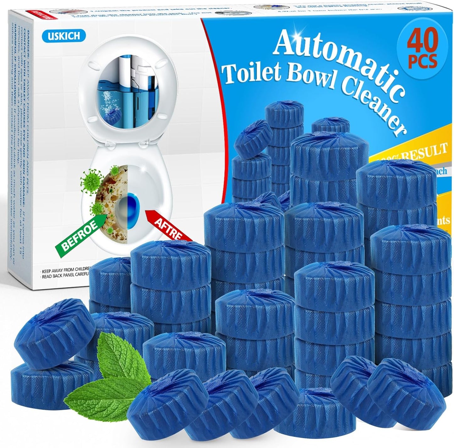 USKICH 20 Pack Toilet Bowl Cleaner Tablets,Blue Automatic Toilet Tank Cleaners, Long-Lasting Household Toilet Cleaners,Toilet flush Cleaning & Deodorizer