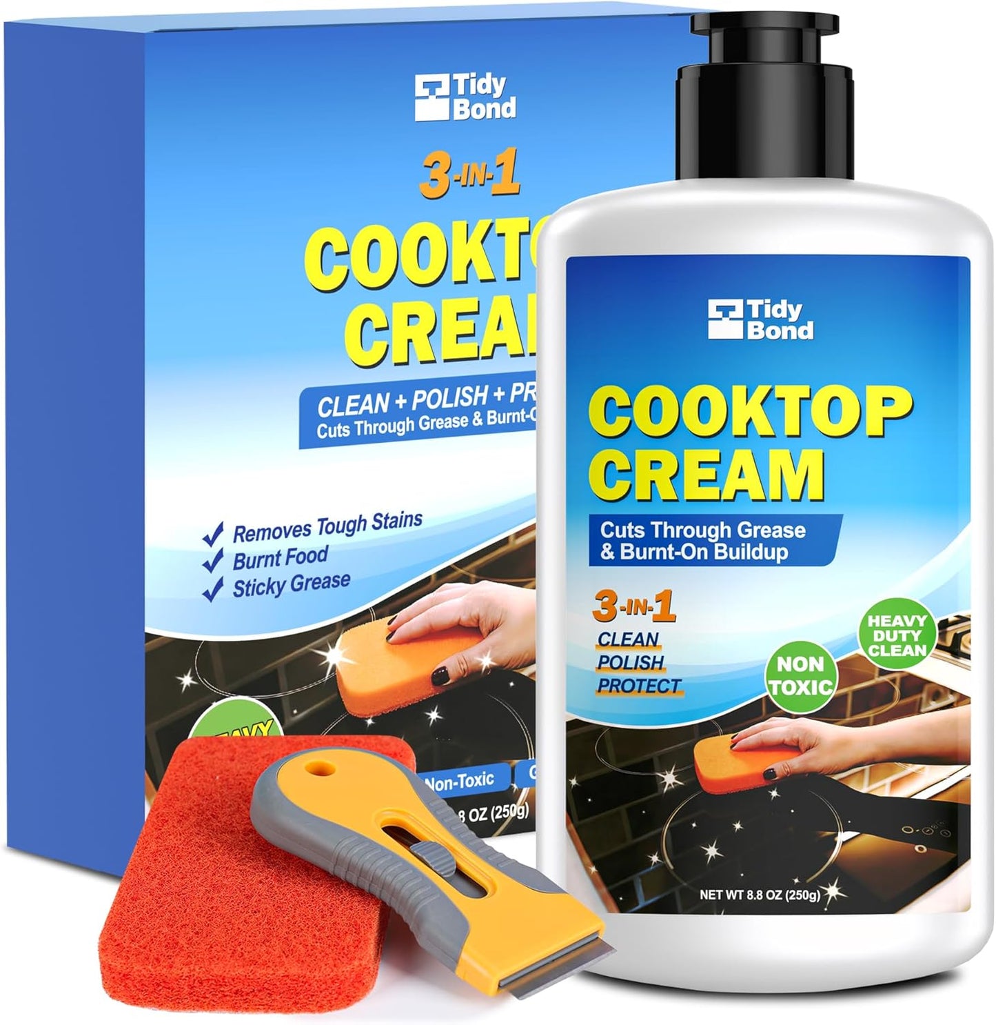 Glass Cooktop Cleaner & Polish Kit – Heavy Duty Stove Top Cleaner with Scraper & Scrubbing Pad, Removes Burnt-On Food, Grease & Tough Stains, Safe for Induction, Electric & Ceramic Cooktops – 8.8 oz