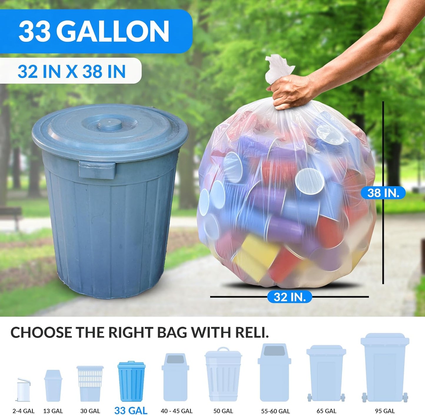 Reli. 33 Gallon Trash Bags Heavy Duty | 50 Trash Bags with Ties | Super Sizeable, Clear, Serious Garbage Cleanup